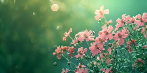 Wall Mural - Beautiful pink flowers on green background with bokeh and copy space.