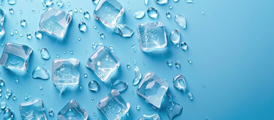 Wall Mural - Ice cubes with water droplets on a vibrant blue backdrop, seen from above.