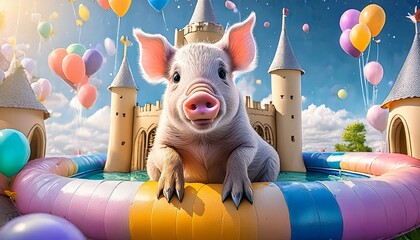 Wall Mural - A happy little pig on a birthday party 