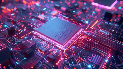 Leinwandbilder - An ultra-modern microprocessor, surrounded by glowing digital data streams, sits on a motherboard, showcasing the processing power of AI. Generative AI