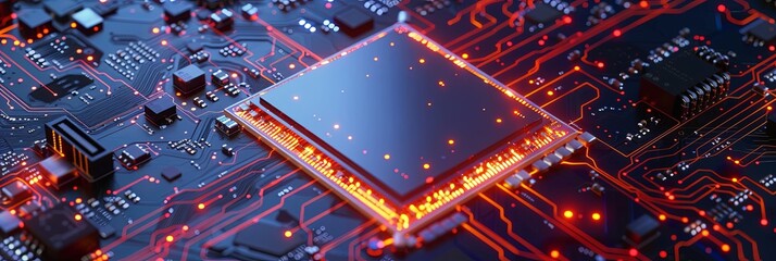 Leinwandbilder - An ultra-modern microprocessor on a motherboard, surrounded by intricate digital data streams and glowing light effects. Generative AI