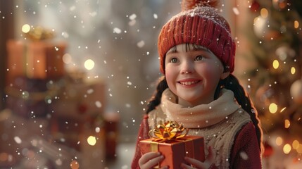 Canvas Print - A young girl holding a gift box in front of christmas lights, AI