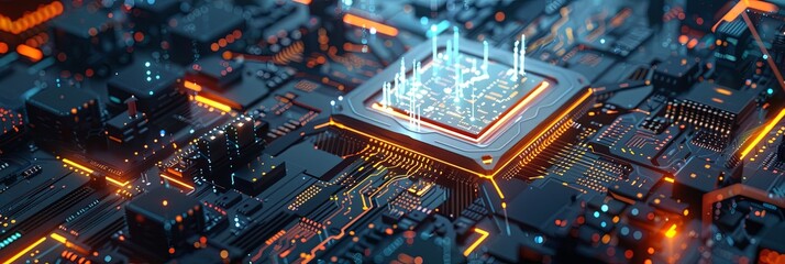Leinwandbilder - A close-up shot of a modern microprocessor on a motherboard, surrounded by intricate digital data streams and glowing light effects. Generative AI