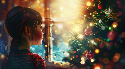 Poster - A young girl looking out a window at the christmas tree, AI