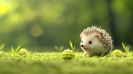 Cute hedgehog standing on green grass with small plants in a soft, blurred background.
