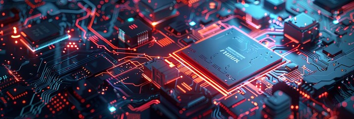 Fototapete - A close-up of a microprocessor on a motherboard, surrounded by glowing digital data streams, symbolizing the processing power of AI. Generative AI