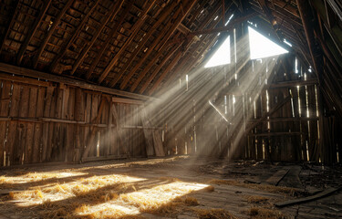 Wall Mural - Sunbeams streaming through the roof of old abandoned barn