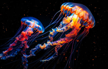 Wall Mural - Two colorful jellyfish swim in the dark ocean depths