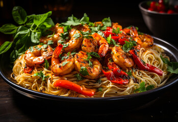 Sticker - Delicious italian pasta with roasted red pepper basil and jumbo shrimps served on rustic wooden table