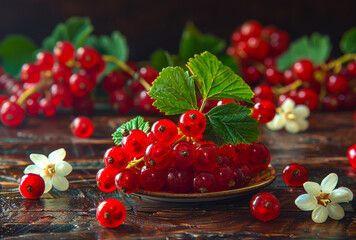 Wall Mural - Red currants in plate on wooden table