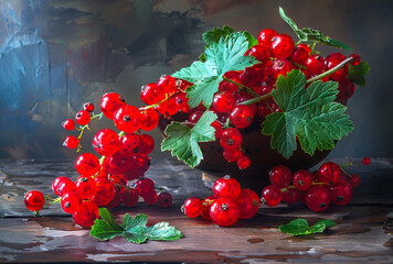 Wall Mural - Red currants in vase on dark rustic wooden table. Background with space for copying.