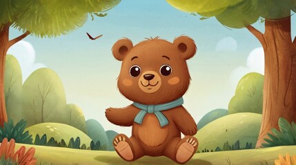 Wall Mural - illustration of cute little bear in wildlife with forest background
