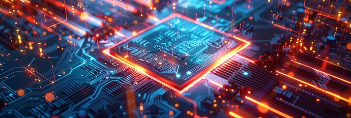 Leinwandbilder - An abstract image of a powerful microprocessor or chip on a motherboard, surrounded by glowing data streams. Generative AI