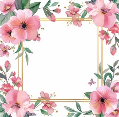 Wall Mural - Watercolor pink and purple floral frame with a gold square 