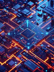 Leinwandbilder - A close-up image of a modern microprocessor on a motherboard, surrounded by glowing digital data streams. Generative AI