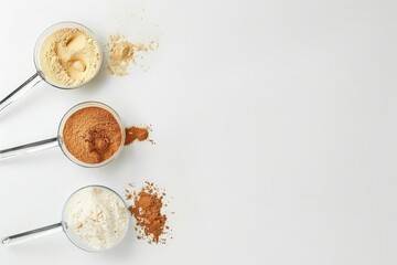 Wall Mural - Photo of a measuring cup with powder and two different types of protein supplement on a white background, in a top view. Caption space for text.