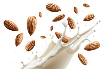 Wall Mural - Delicious almonds splashing into almond milk, cut out