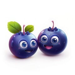 Wall Mural - 2 cute funny blueberry with eyes and smile 3d icon in cartoon style isolated on white background