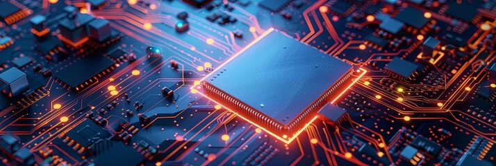 Leinwandbilder - A close-up image of an ultra-modern microprocessor or chip on a motherboard, surrounded by intricate digital data streams and glowing light effects. Generative AI