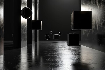 Wall Mural - A black and white room with a lot of cubes and spheres