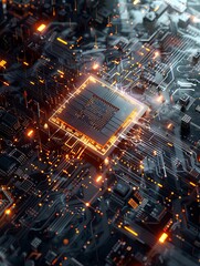 Leinwandbilder - A modern microchip on a motherboard with digital data streams and lights symbolizes artificial intelligences processing power. Generative AI