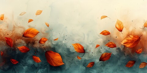 Wall Mural - Abstract background with colorful autumn leaves on a watercolor wash, creating a serene and artistic mood.