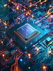 Leinwandbilder - Close-up view of an ultra-modern microprocessor on a circuit board, illuminated by glowing light and digital data streams. Generative AI