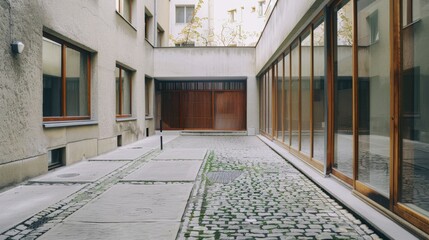 Poster - A long hallway with a wooden door in the middle