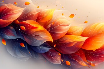 Abstract artistic background with stylized autumn leaves in red, orange and yellow colors. Digital illustration.