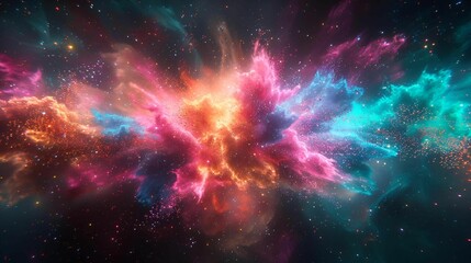 A vibrant and colorful nebula in deep space with hues of pink, blue, and orange