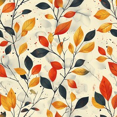 Wall Mural - A modern, minimalist illustration featuring a seamless pattern of stylized autumn leaves in vibrant orange, yellow, and black hues set against a creamy white background with subtle watercolor