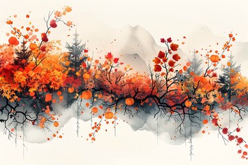 Wall Mural - Watercolor painting of an autumnal forest scene with vibrant orange and red leaves, featuring pumpkins hanging from branches, evoking a sense of warmth and seasonal charm.