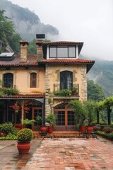 Wall Mural - A house with a red roof and a white trim