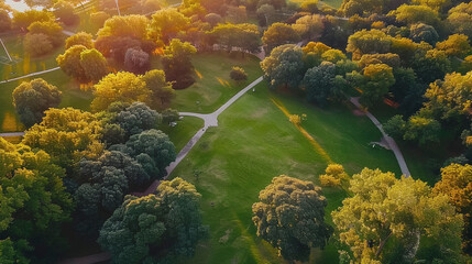Poster - Drone Photo of Park with Trees and Grass in Golden Hour Glow