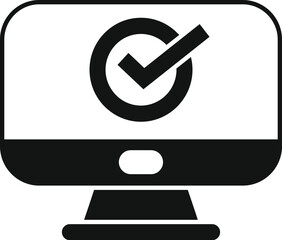 Poster - black and white icon of a computer monitor displaying a check mark, representing online approval and
