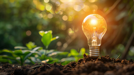 Wall Mural - lit light bulb planted in the ground - concept of caring for the environment and sustainable energy