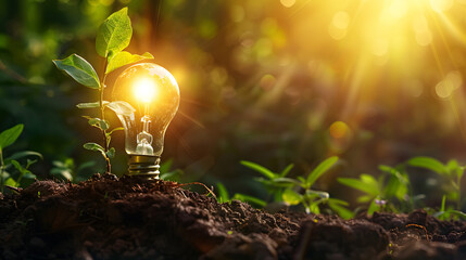 Wall Mural - lit light bulb planted in the ground - concept of caring for the environment and sustainable energy
