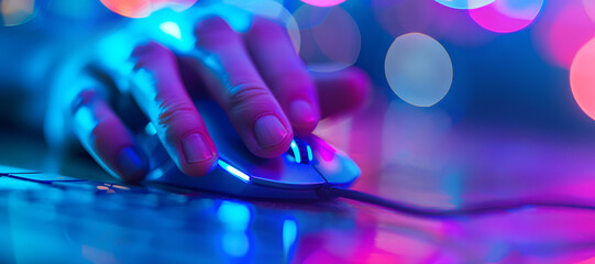 Poster - professional video gamer, playing with his mouse with rgb neon lights