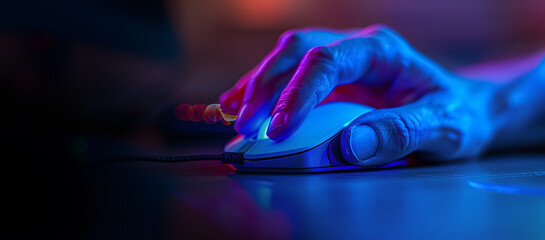Poster - professional video gamer, playing with his mouse with rgb neon lights