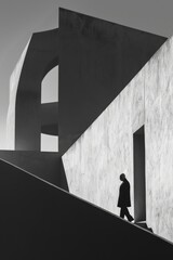 Poster - A man walks down a set of stairs in front of a building