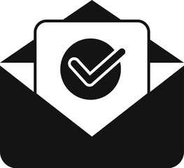 Poster - Black silhouette of an envelope containing a document with a check mark, representing successful delivery