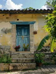 Poster - A blue door with a flower pot on the steps