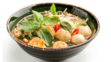 Wall Mural - Asian Noodle Soup with Assorted Fish Balls on White Background