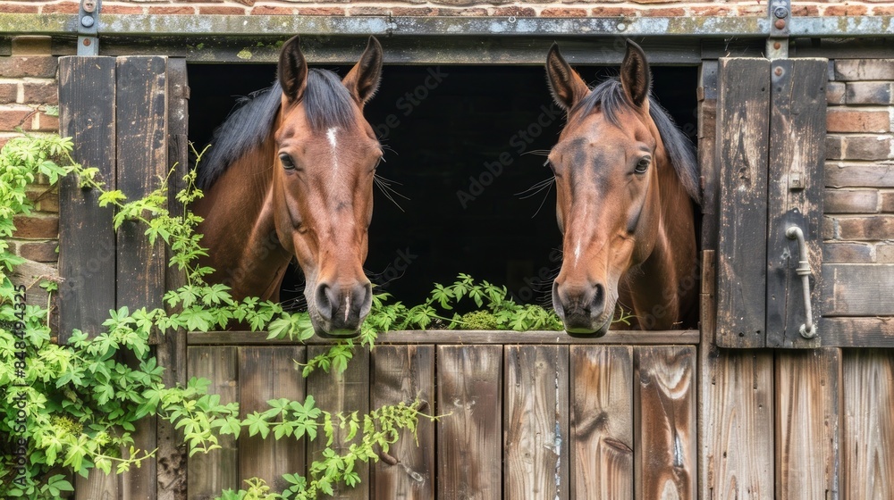Two horses looking out of stable windows in a brick barn. Concepts of ...