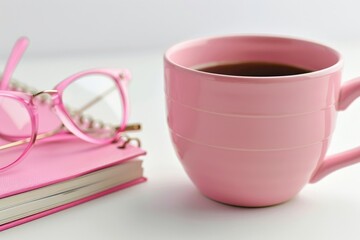 Wall Mural - Pink coffee cup, notebook and glasses on a white background with copy space for text or design. An office desk work concept scene