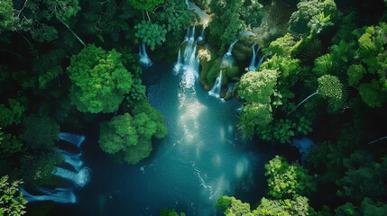 Wall Mural - Drone Photo of Dense Tropical Jungle with Sunlit Cascading Waterfalls