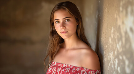 Wall Mural - Portrait of a young woman with long brown hair and clear skin, wearing an off-shoulder red patterned top, standing against a textured wall