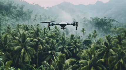 Canvas Print - Flying Drone Capturing Dense Tropical Forest Canopy - Aerial View