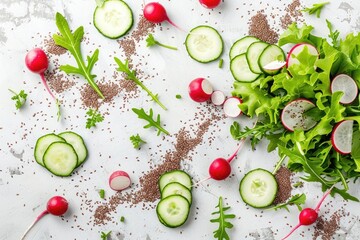 Wall Mural - Radish, cucumber and green salad with flax seeds on a white background in a top view. A healthy food concept.