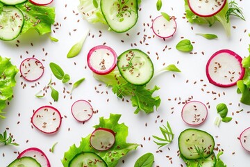 Wall Mural - Radish, cucumber and green salad with flax seeds on a white background in a top view. A healthy food concept.